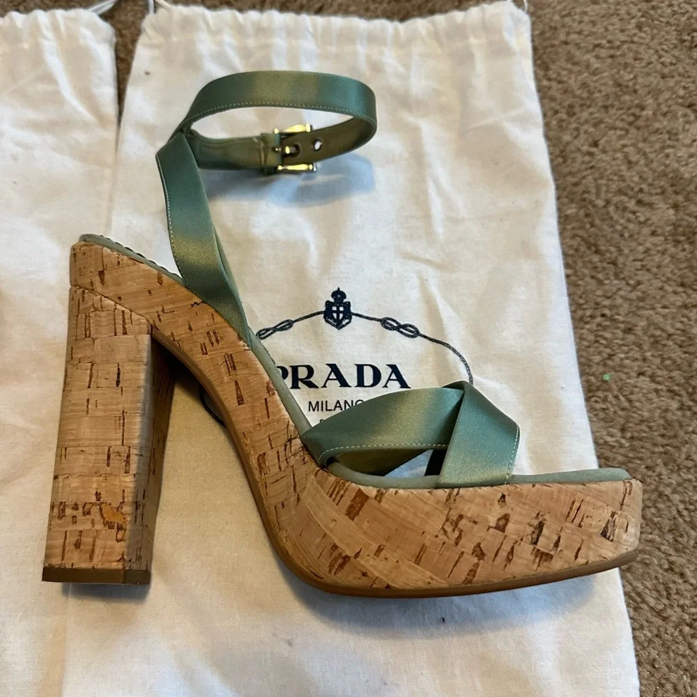 Prada Vintage 2004 Sage Satin Cork Platform Heels - Picture 1 of 5